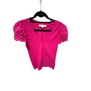 LOFT Womens Pink Ribbed V-Neck Top Eyelet Puff Sleeve Knit Blouse Medium